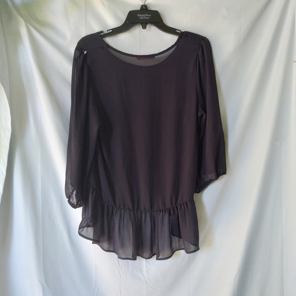 Chris And Carol Blouse Womens Size L High Low Navy Sheer Balloon Sleeve - Picture 2 of 7